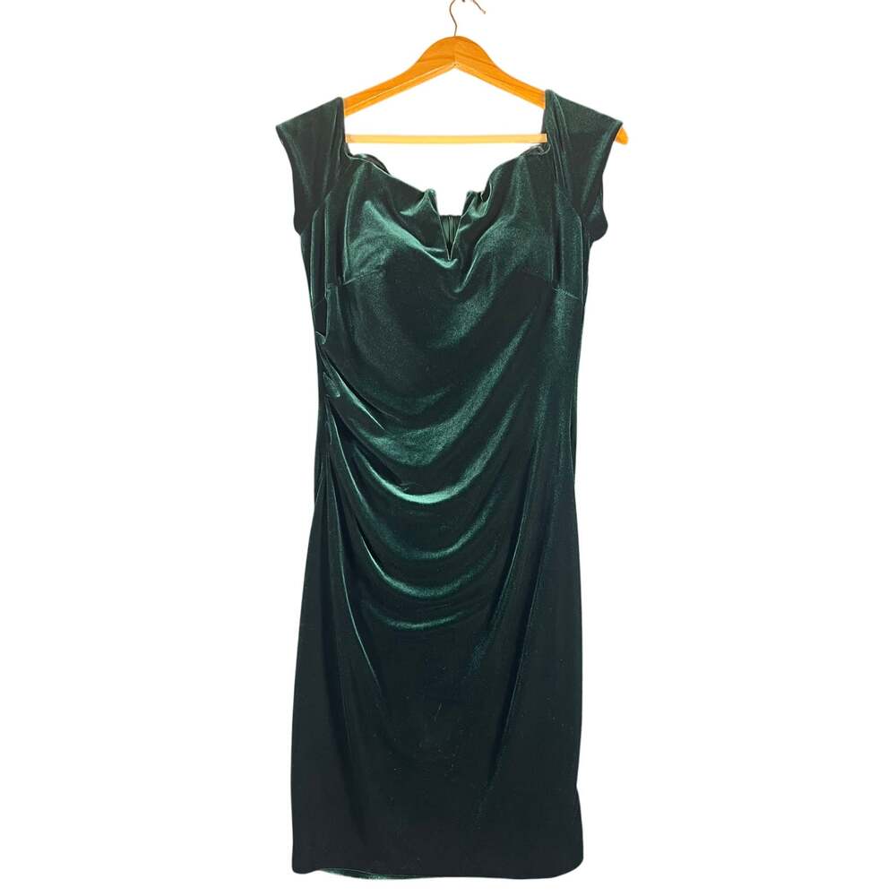 Xscape Emerald Green Velvet Ruched Bodycon Midi Dress Womens 12 Holiday Cocktail
